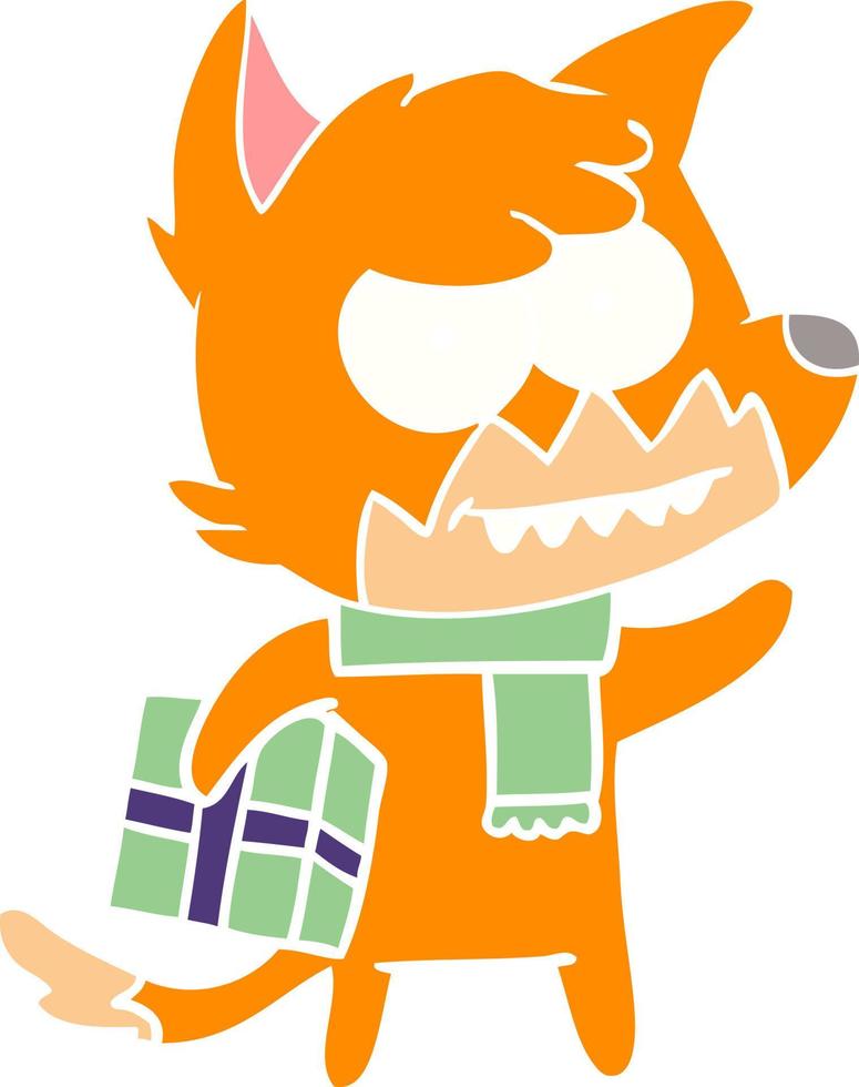 flat color style cartoon grinning fox with christmas present vector
