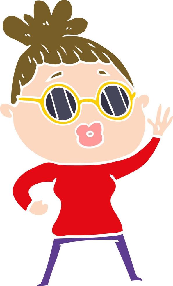 dibujos animados de estilo de color plano saludando mujer con gafas de sol vector