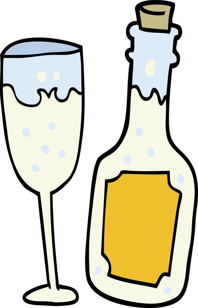 Copa y botella de champán de dibujos animados vector