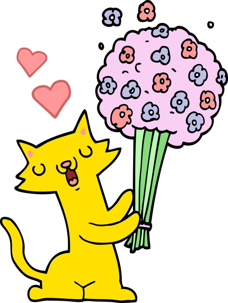 cartoon cat in love with flowers vector