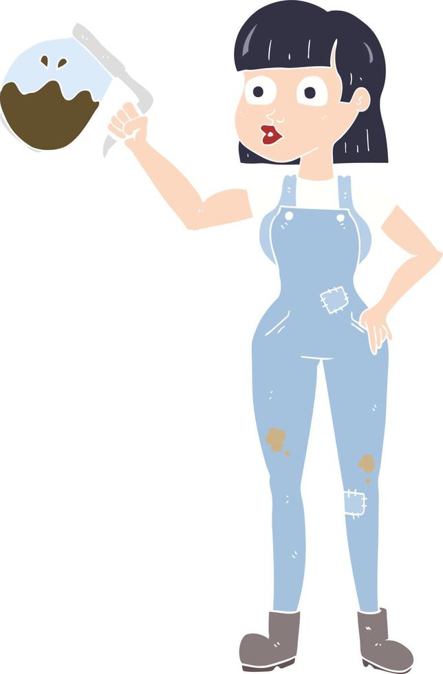 flat color illustration of a cartoon woman in dungarees with coffee vector