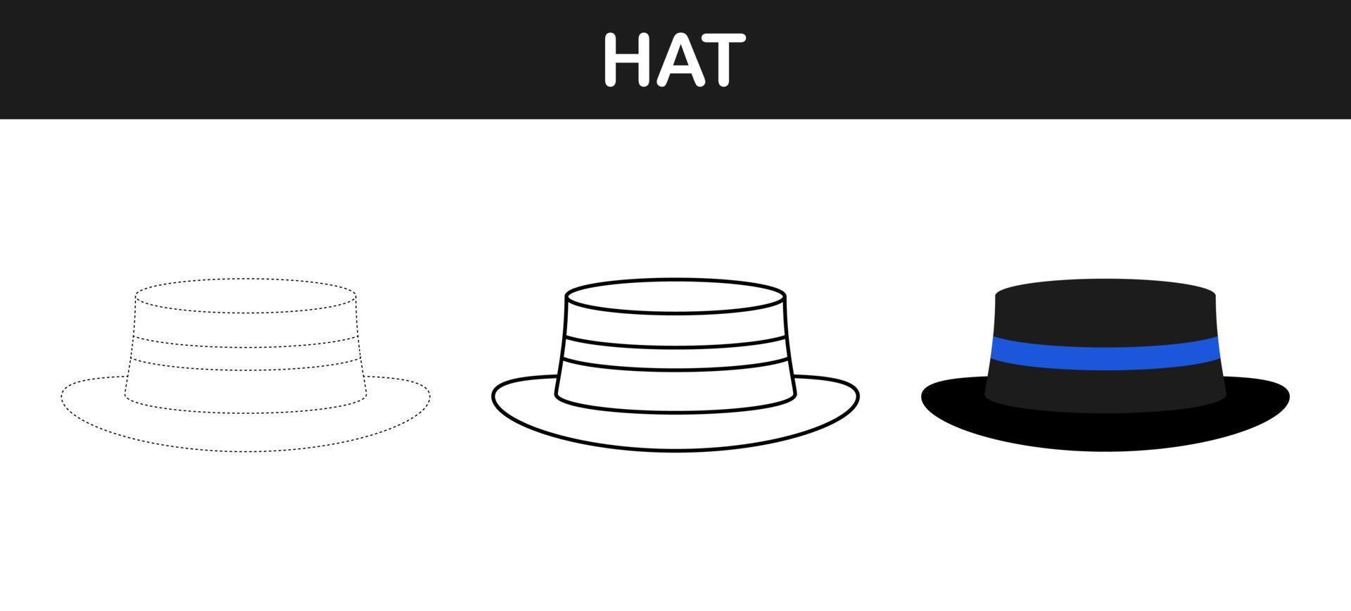 Hat tracing and coloring worksheet for kids vector