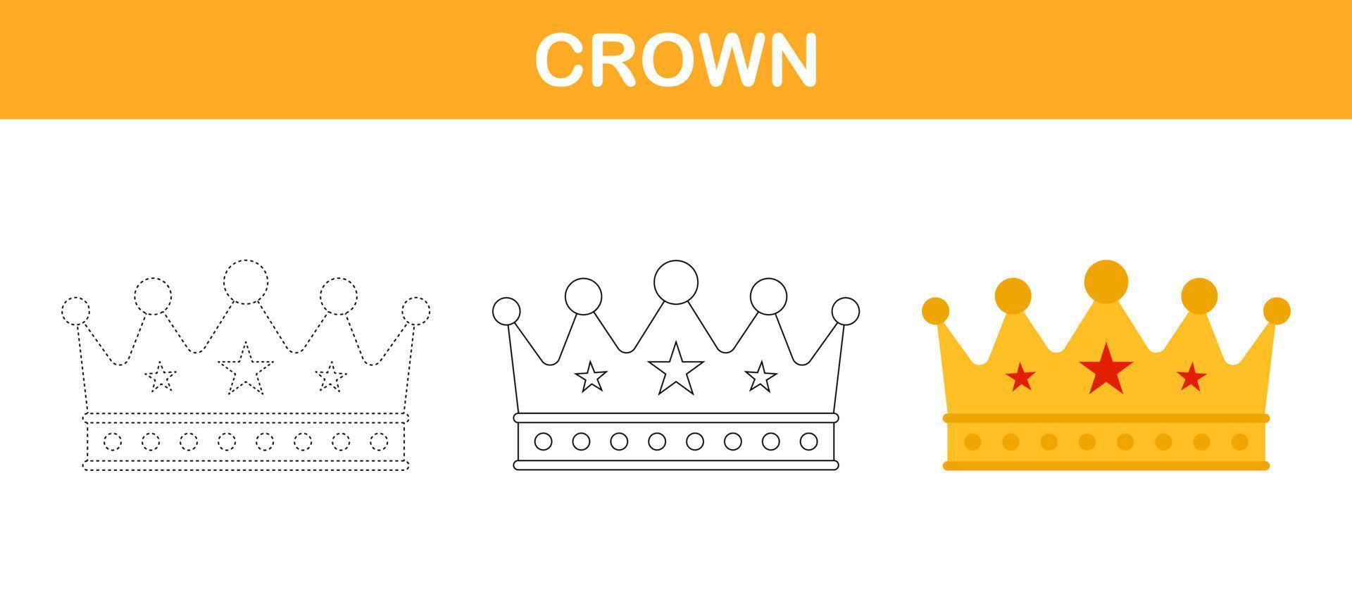 Crown tracing and coloring worksheet for kids vector