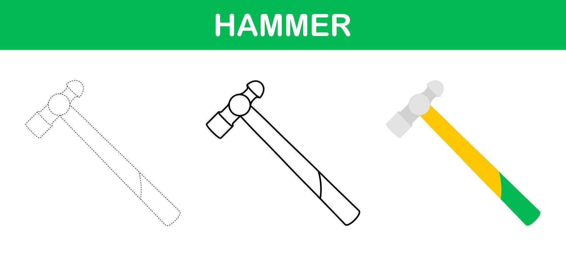 Hammer tracing and coloring worksheet for kids vector