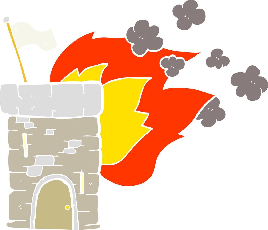 flat color illustration of a cartoon burning castle tower vector