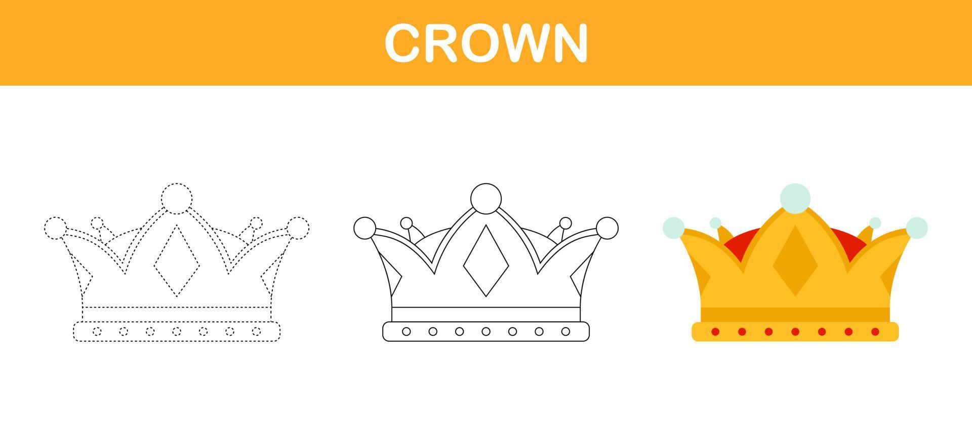 Crown tracing and coloring worksheet for kids vector