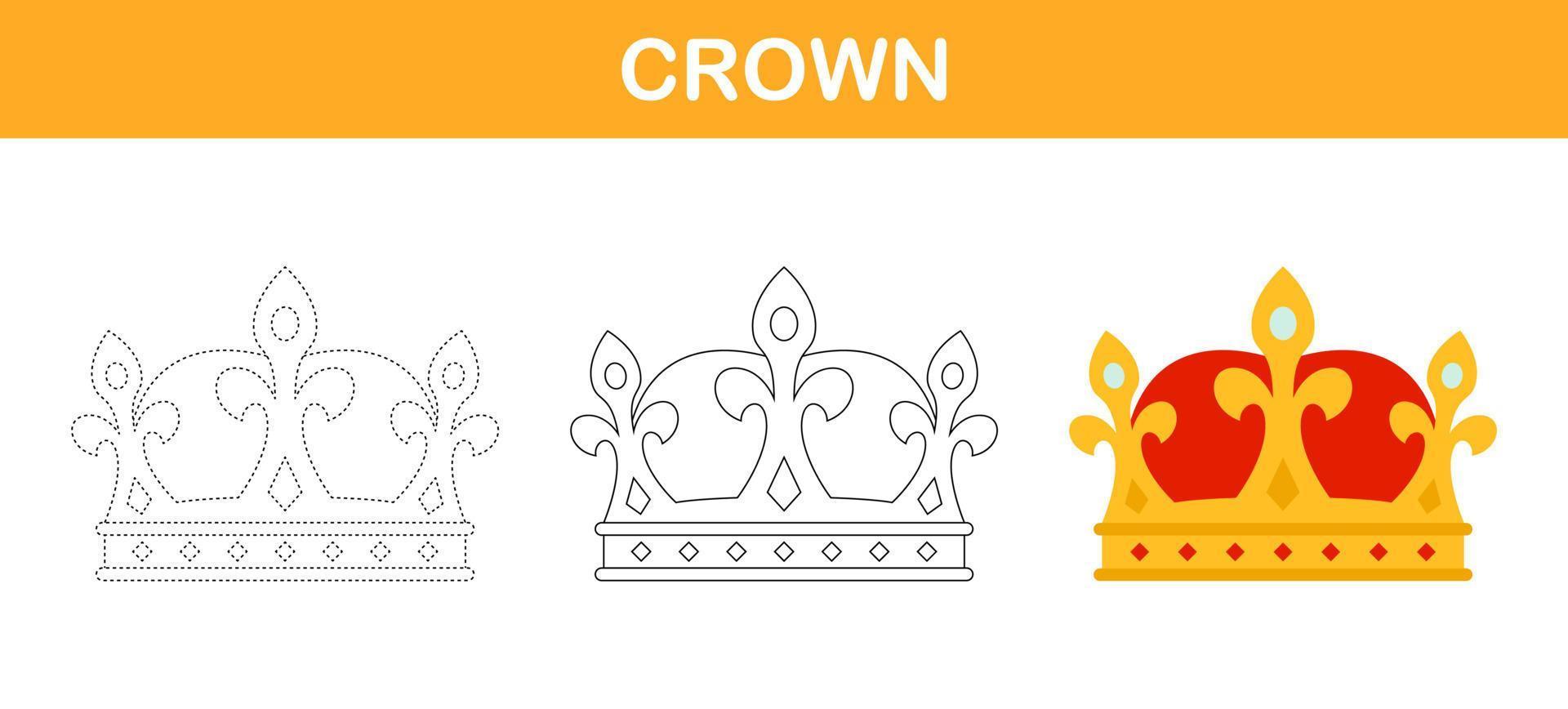 Crown tracing and coloring worksheet for kids vector