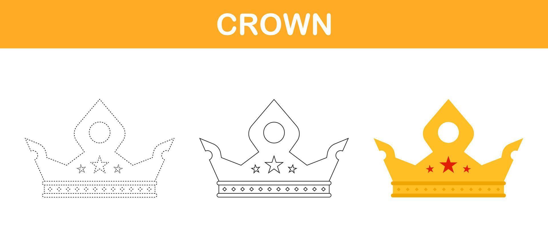 Crown tracing and coloring worksheet for kids vector