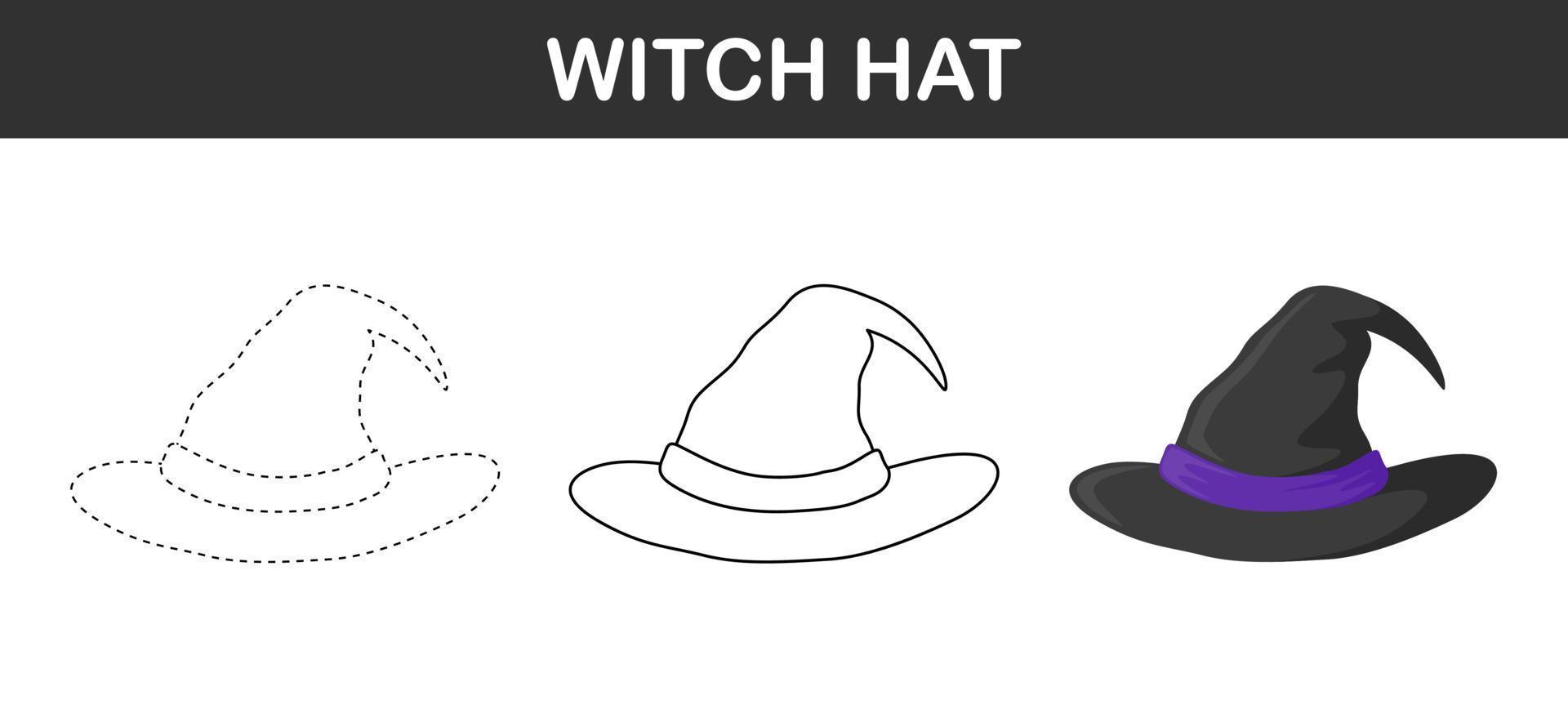 Witch Hat tracing and coloring worksheet for kids vector