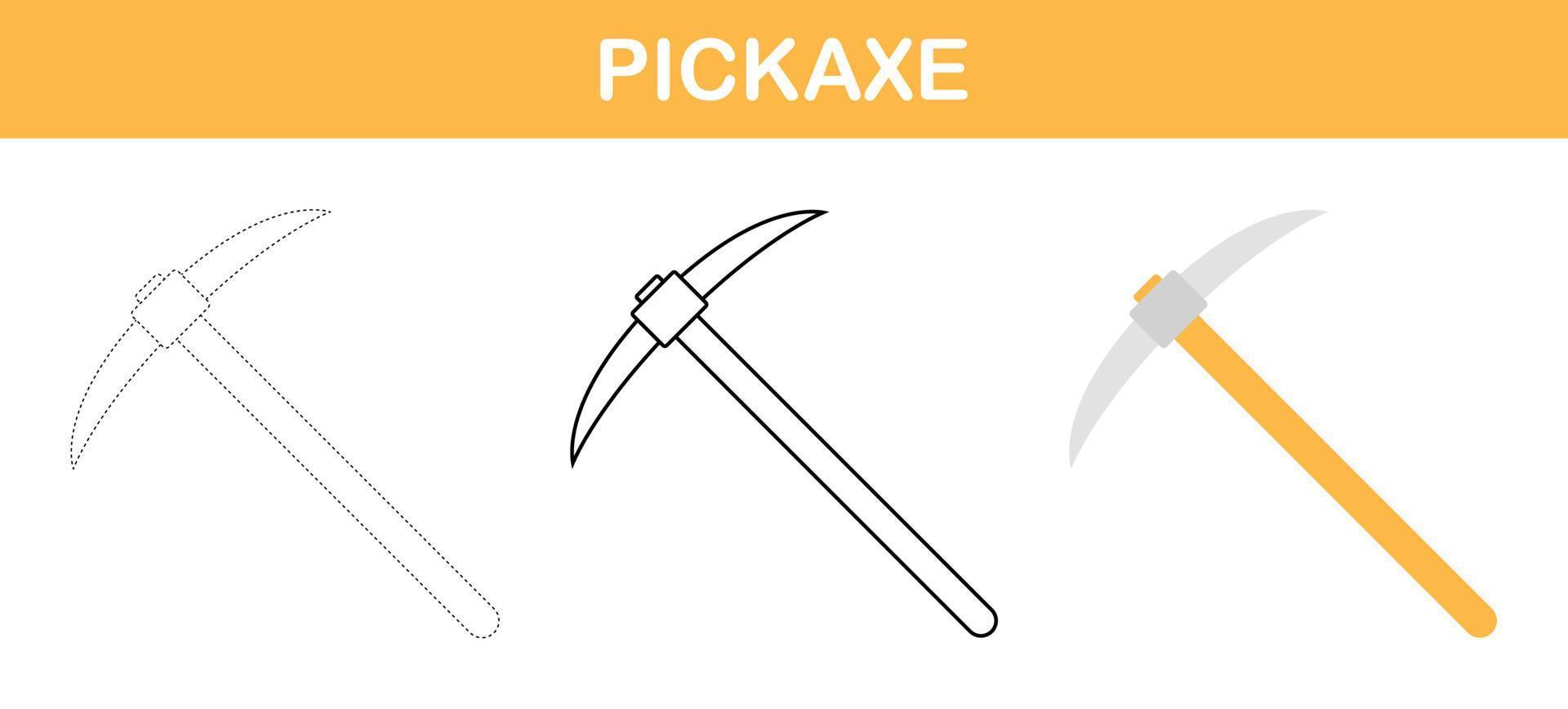 Pickaxe tracing and coloring worksheet for kids vector