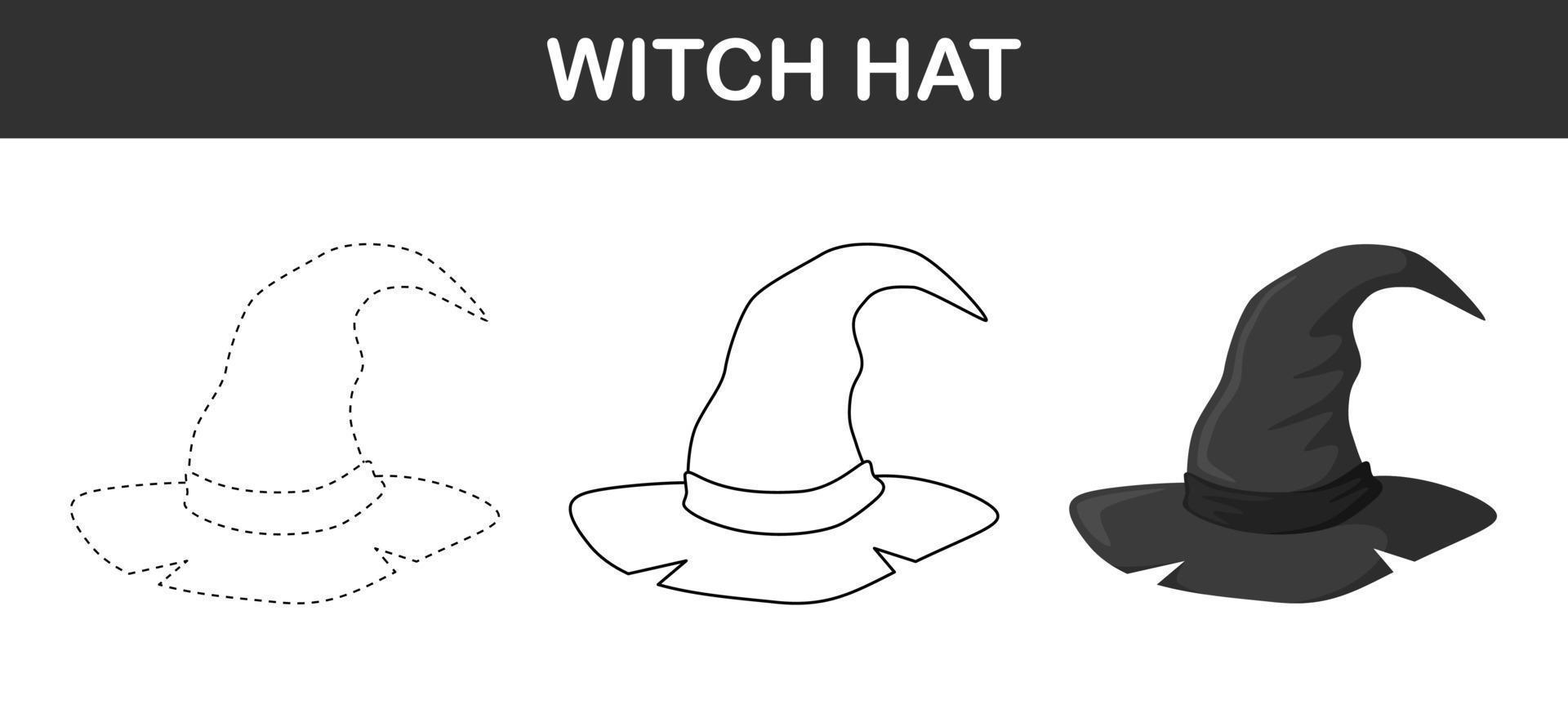 Witch Hat tracing and coloring worksheet for kids vector