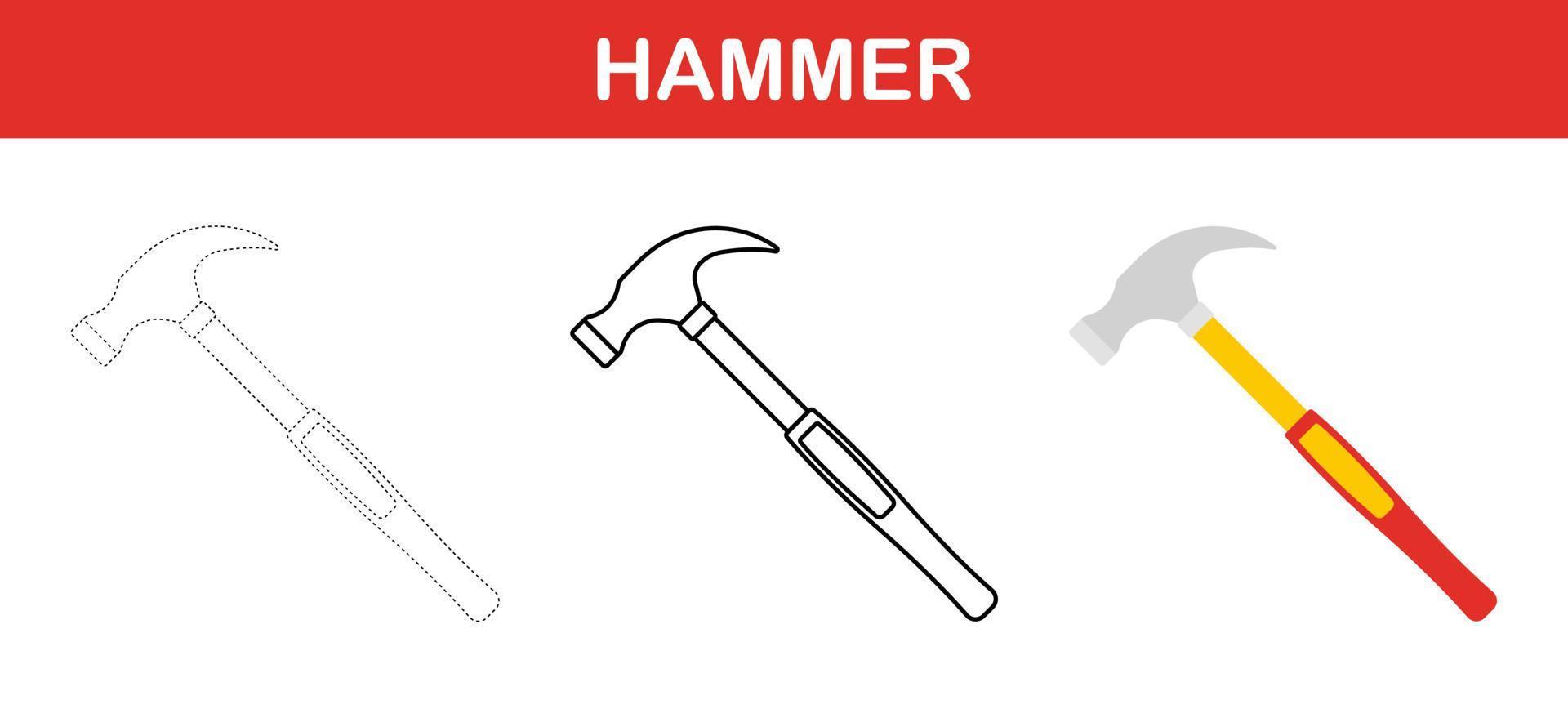 Hammer tracing and coloring worksheet for kids vector