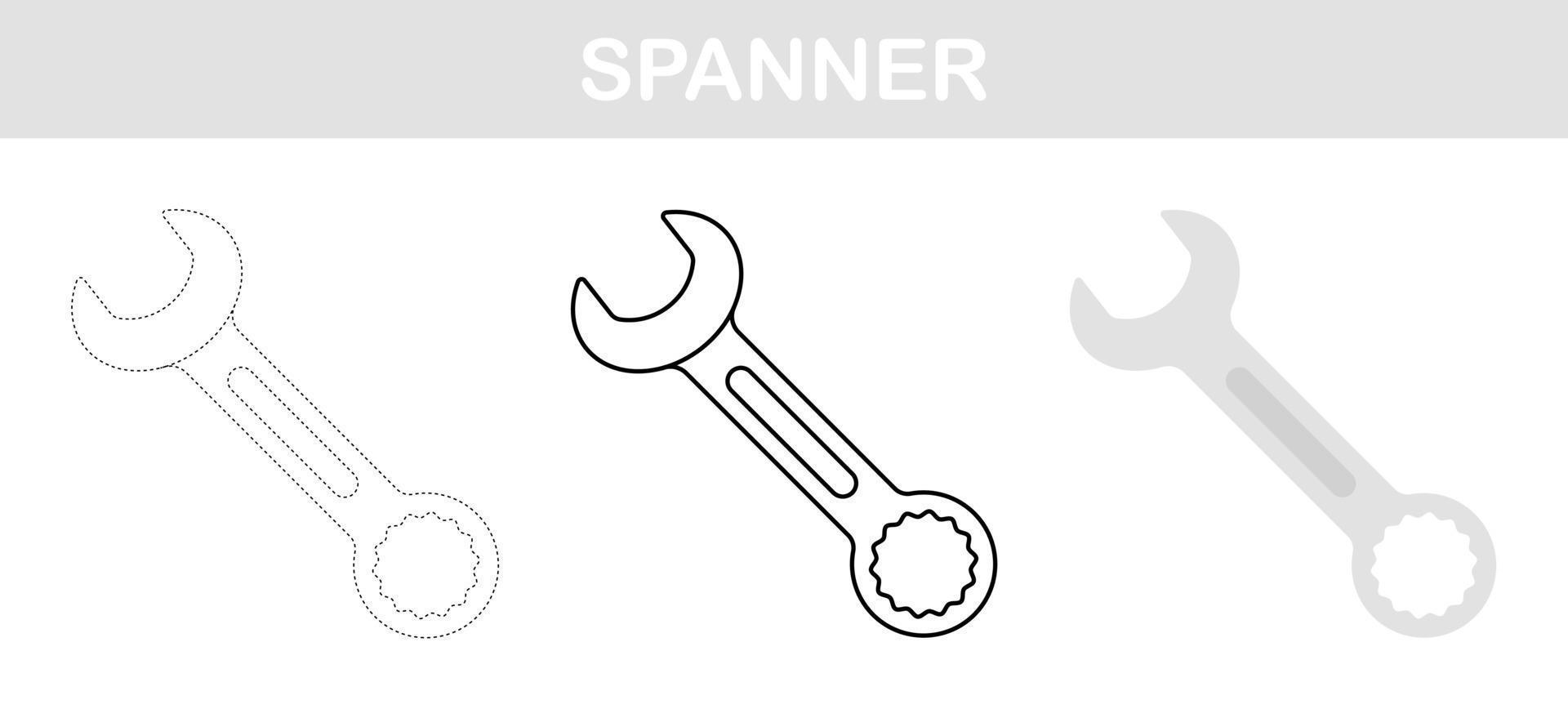 Hoja de trabajo para colorear y rastrear con llave inglesa para niños vector