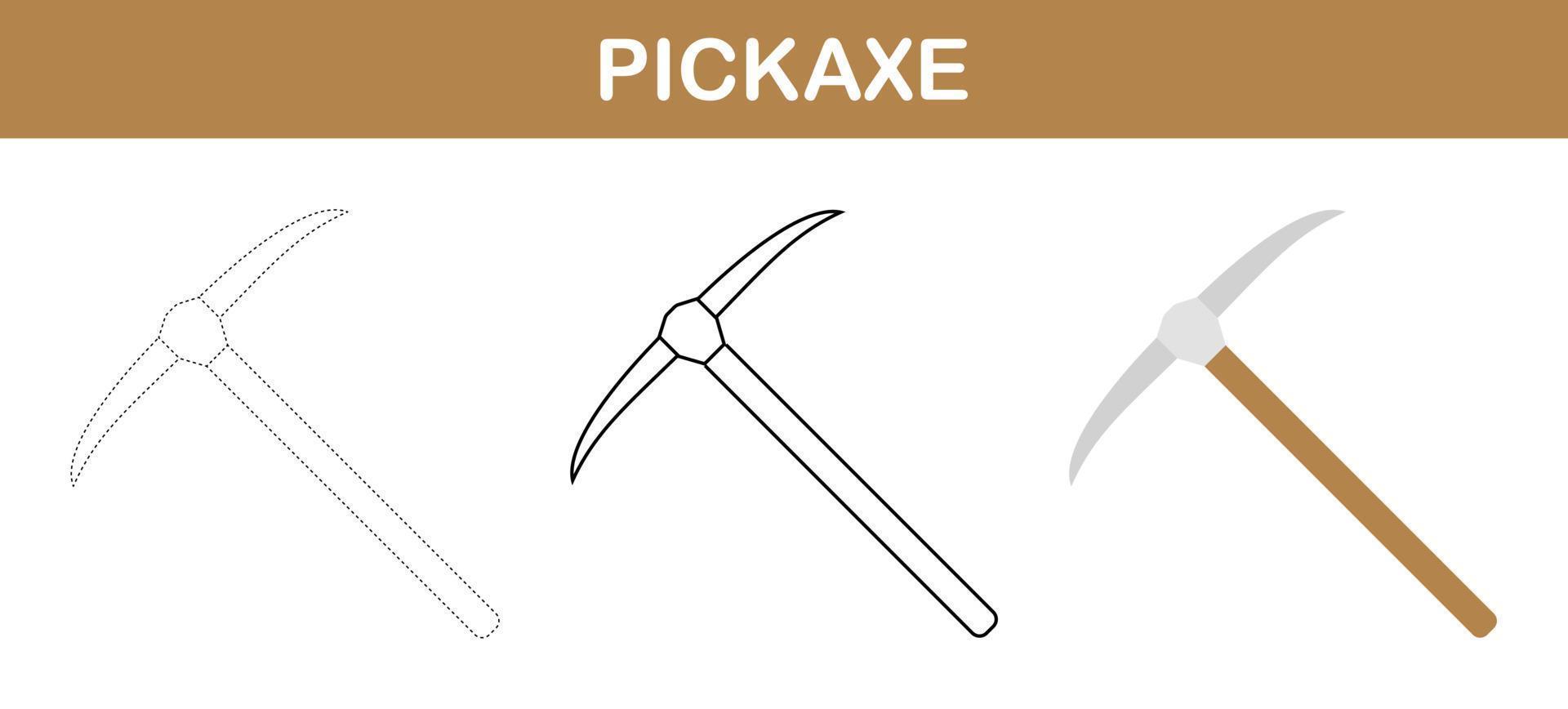 Pickaxe tracing and coloring worksheet for kids vector