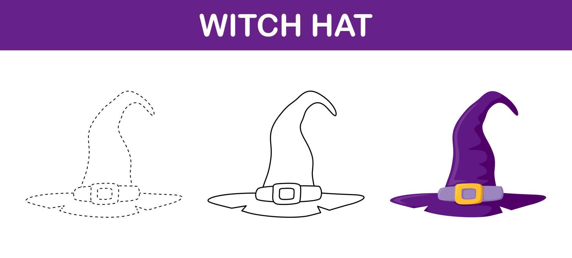 Witch Hat tracing and coloring worksheet for kids vector