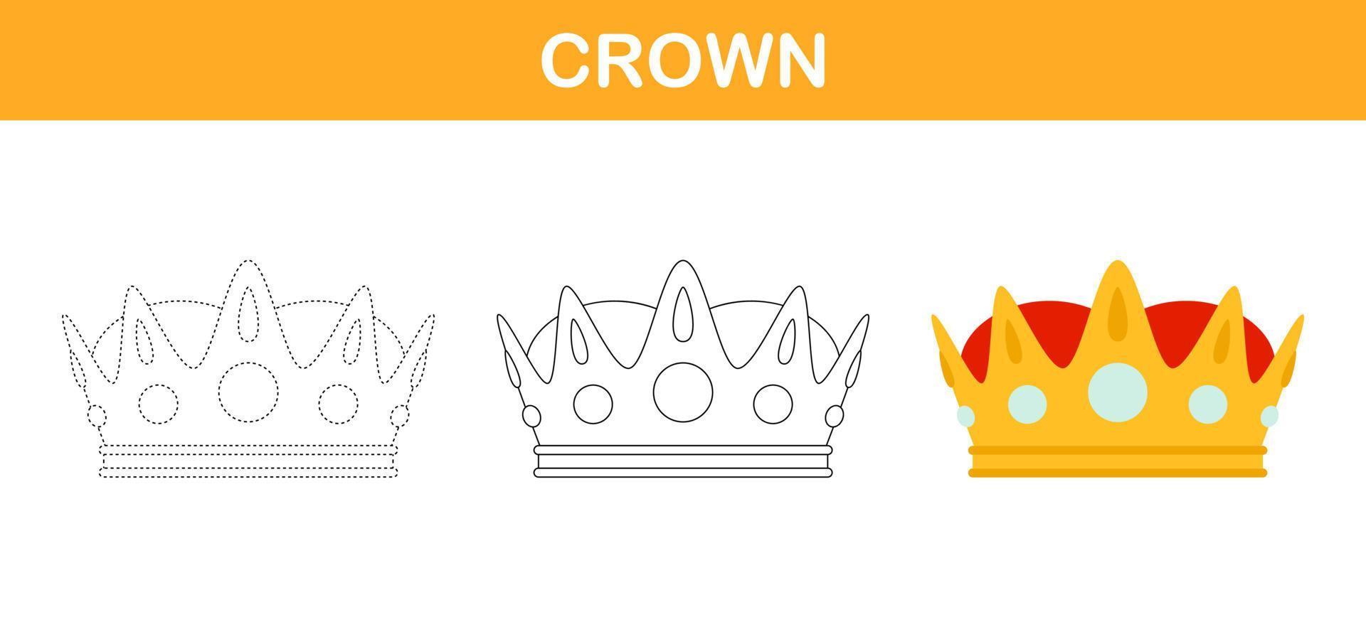 Crown tracing and coloring worksheet for kids vector