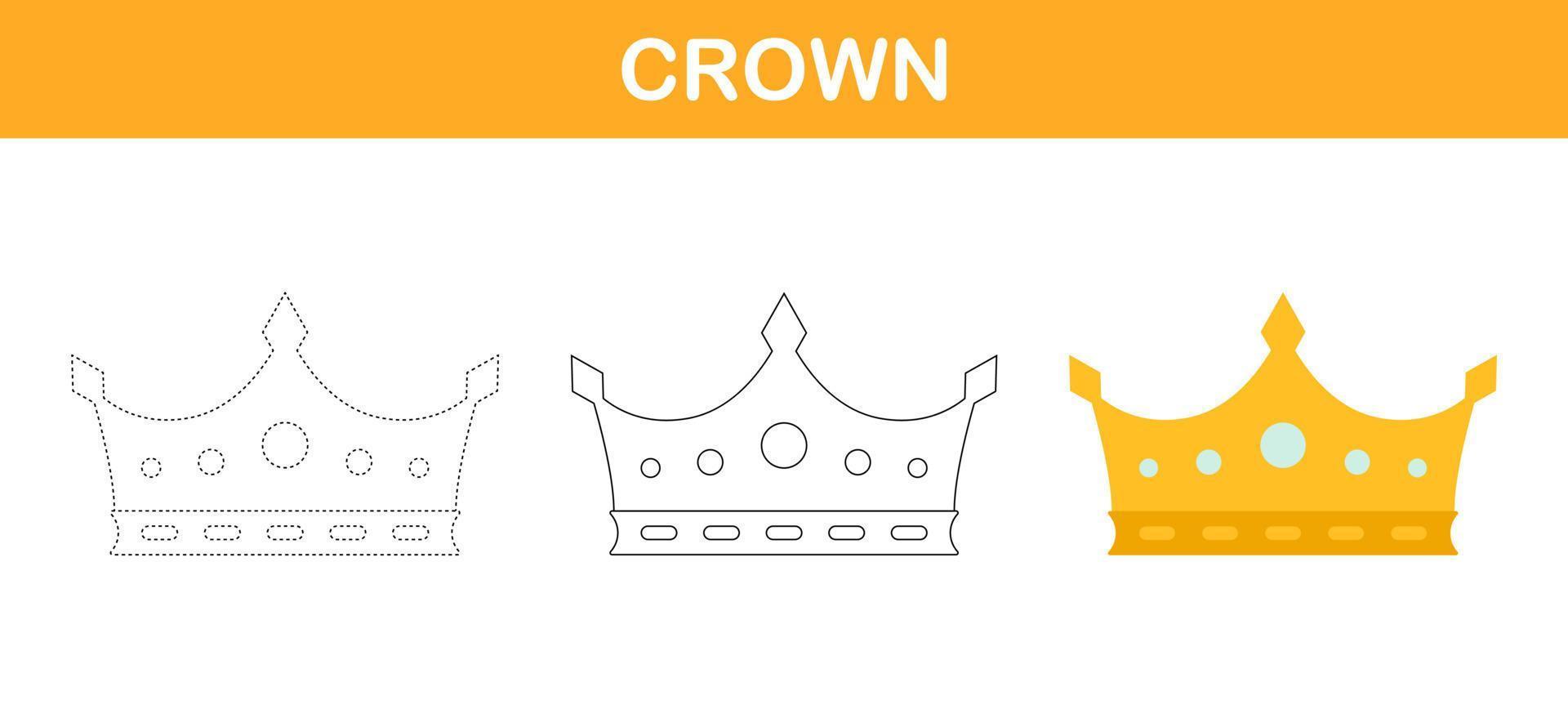 Crown tracing and coloring worksheet for kids vector