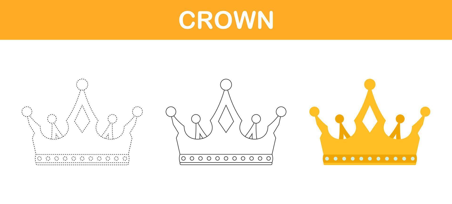 Crown tracing and coloring worksheet for kids vector