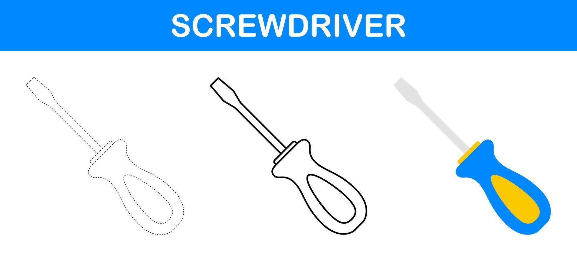 Screwdriver tracing and coloring worksheet for kids vector