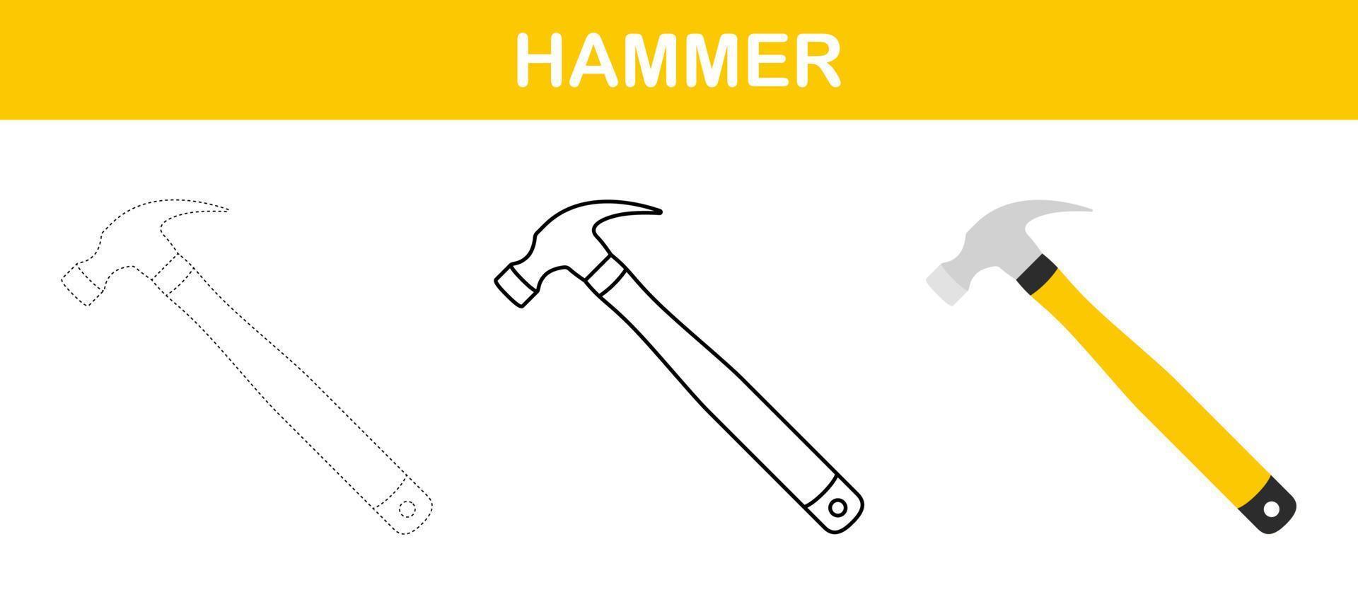 Hammer tracing and coloring worksheet for kids vector