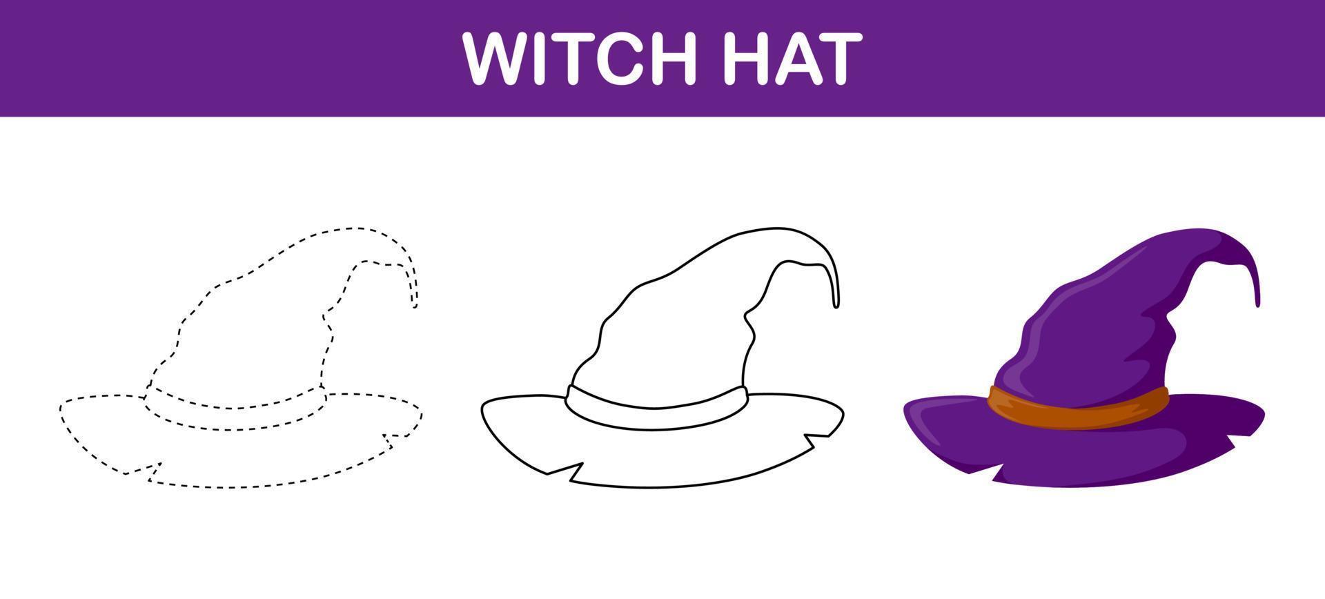 Witch Hat tracing and coloring worksheet for kids vector