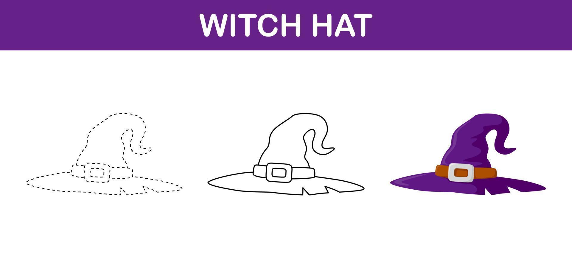 Witch Hat tracing and coloring worksheet for kids vector