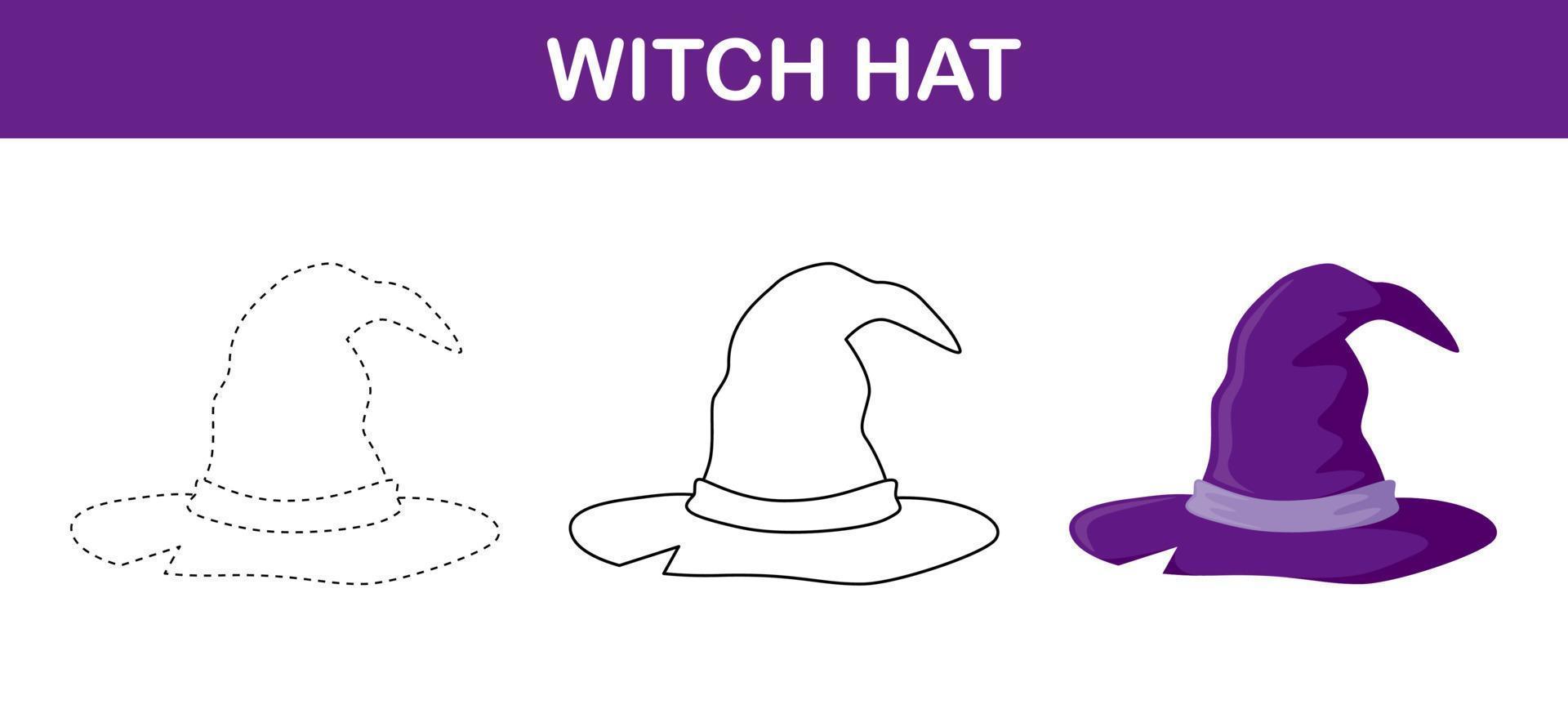 Witch Hat tracing and coloring worksheet for kids vector