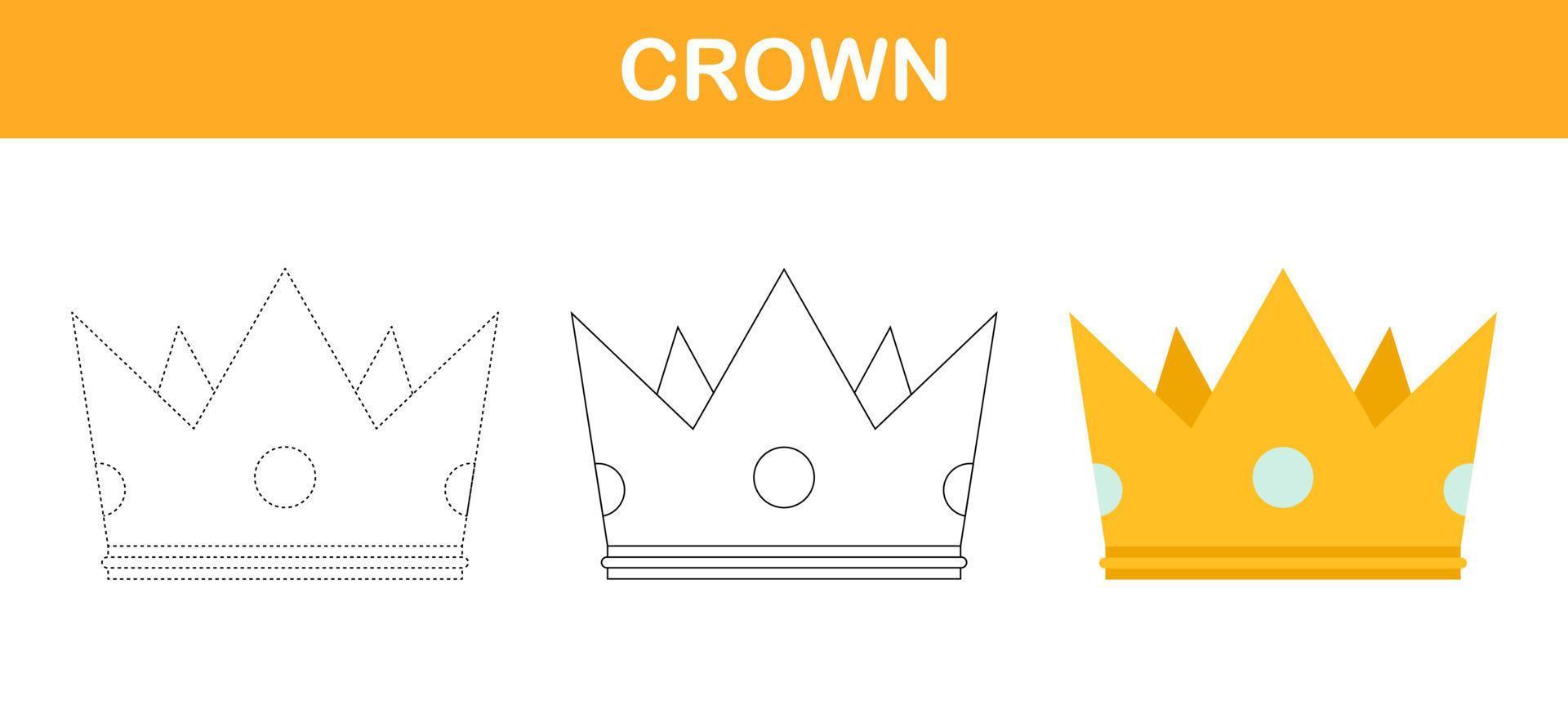 Crown tracing and coloring worksheet for kids vector