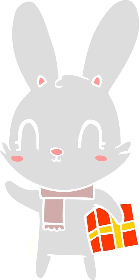 cute flat color style cartoon rabbit with christmas present vector