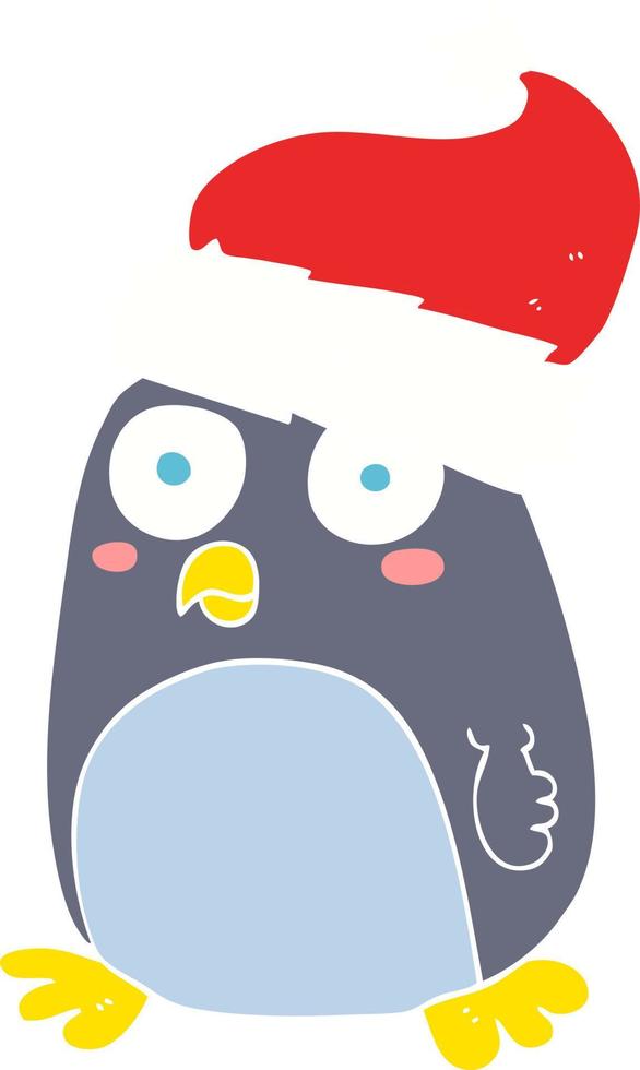 flat color illustration of a cartoon penguin in christmas hat vector