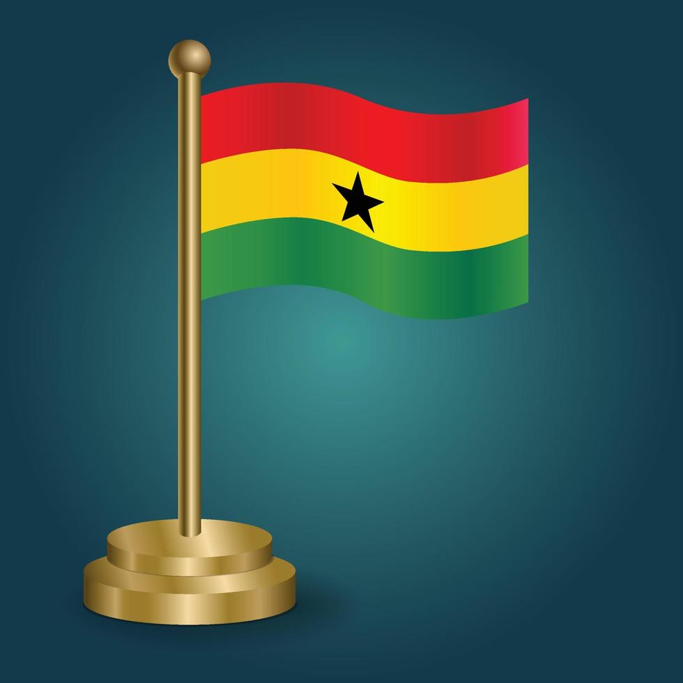 Ghana national flag on golden pole on gradation isolated dark background. table flag, vector illustration