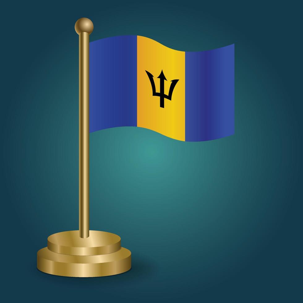 Barbados national flag on golden pole on gradation isolated dark background. table flag, vector illustration