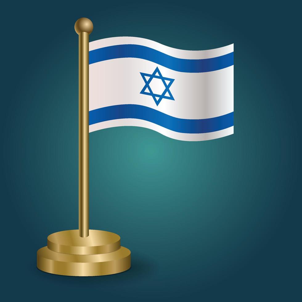 Israel national flag on golden pole on gradation isolated dark background. table flag, vector illustration