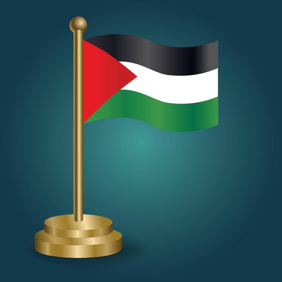Palestine national flag on golden pole on gradation isolated dark background. table flag, vector illustration