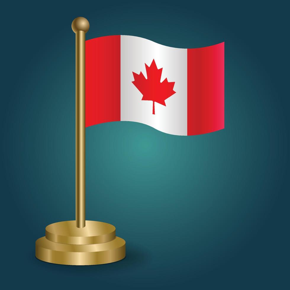 bandera nacional de canadá en el poste dorado sobre fondo oscuro aislado de gradación. bandera de mesa, ilustración vectorial vector