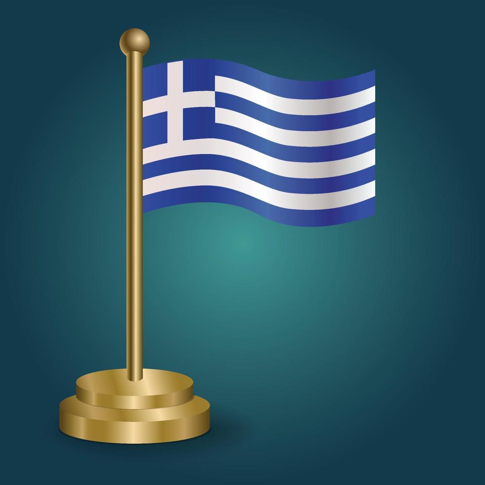 Greece national flag on golden pole on gradation isolated dark background. table flag, vector illustration