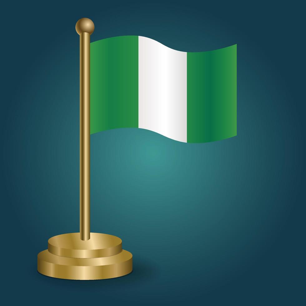 bandera nacional de nigeria en el poste dorado sobre fondo oscuro aislado de gradación. bandera de mesa, ilustración vectorial vector