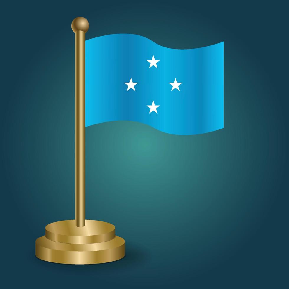 Micronesian national flag on golden pole on gradation isolated dark background. table flag, vector illustration