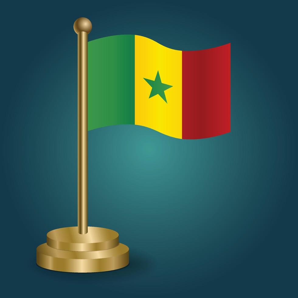 bandera nacional de senegal en el poste dorado sobre fondo oscuro aislado de gradación. bandera de mesa, ilustración vectorial vector