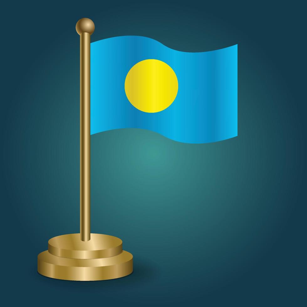 Palau national flag on golden pole on gradation isolated dark background. table flag, vector illustration