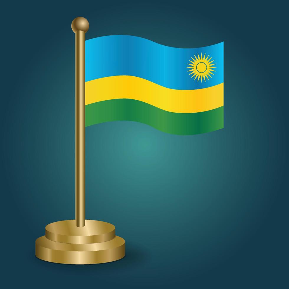 Rwanda national flag on golden pole on gradation isolated dark background. table flag, vector illustration