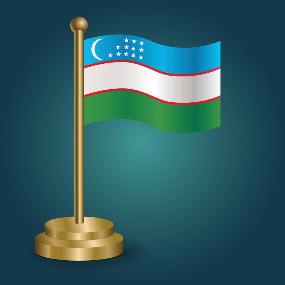 uzbekistan national flag on golden pole on gradation isolated dark background. table flag, vector illustration