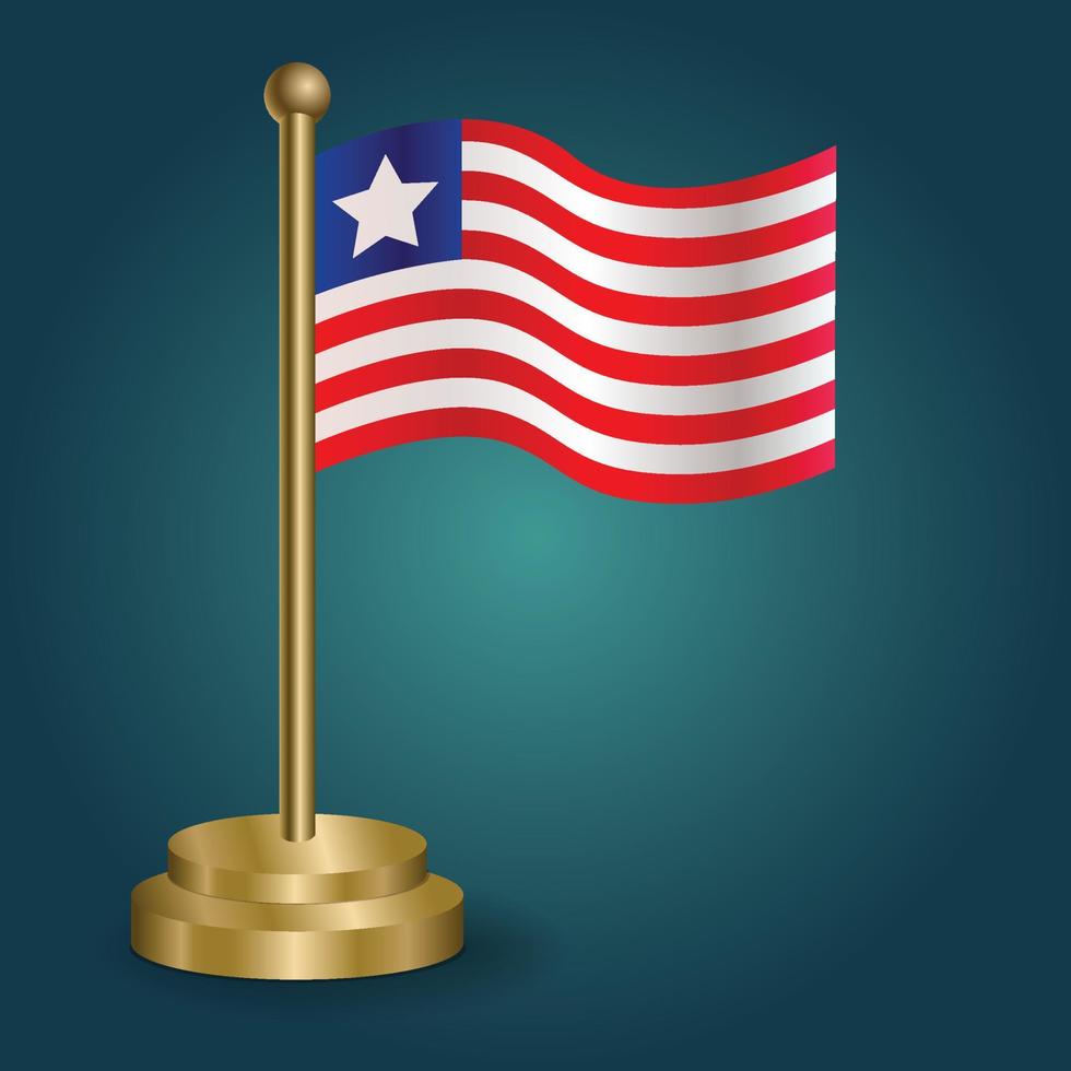 Liberia national flag on golden pole on gradation isolated dark background. table flag, vector illustration