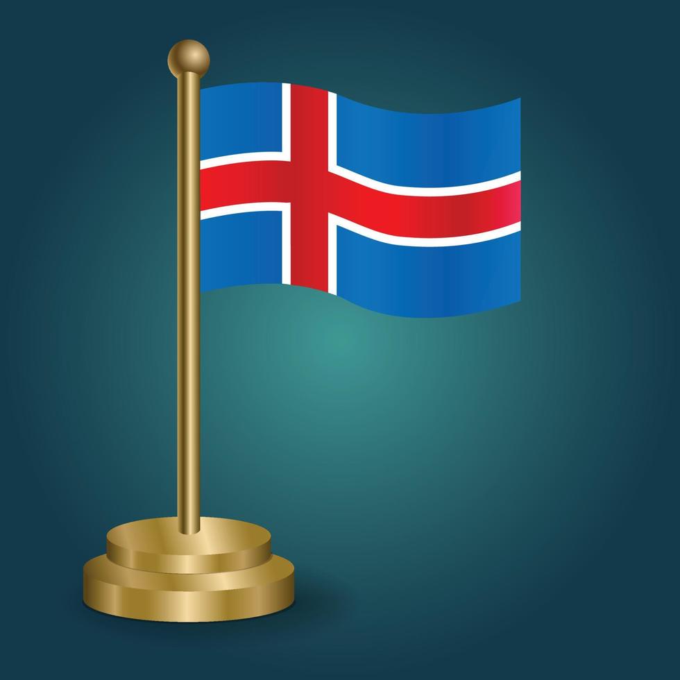 Iceland national flag on golden pole on gradation isolated dark background. table flag, vector illustration