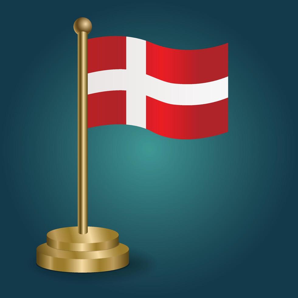 denmark  national flag on golden pole on gradation isolated dark background. table flag, vector illustration