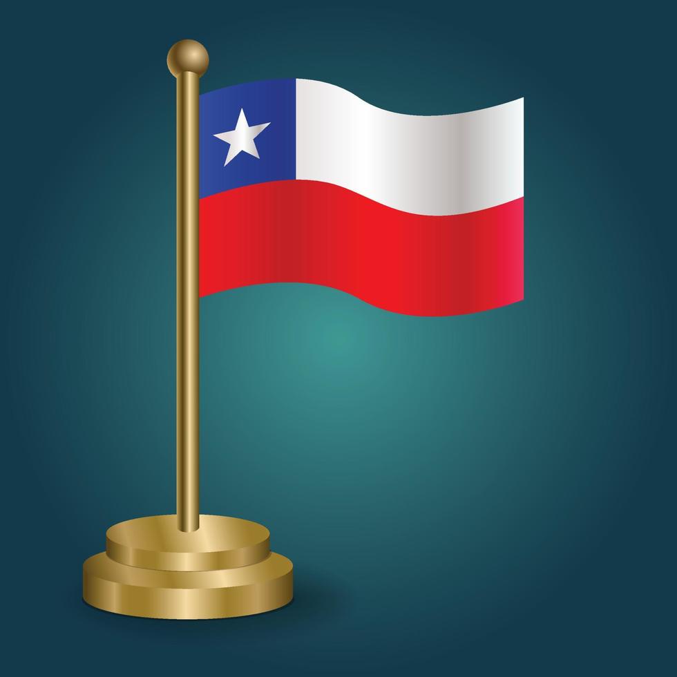 chile national flag on golden pole on gradation isolated dark background. table flag, vector illustration