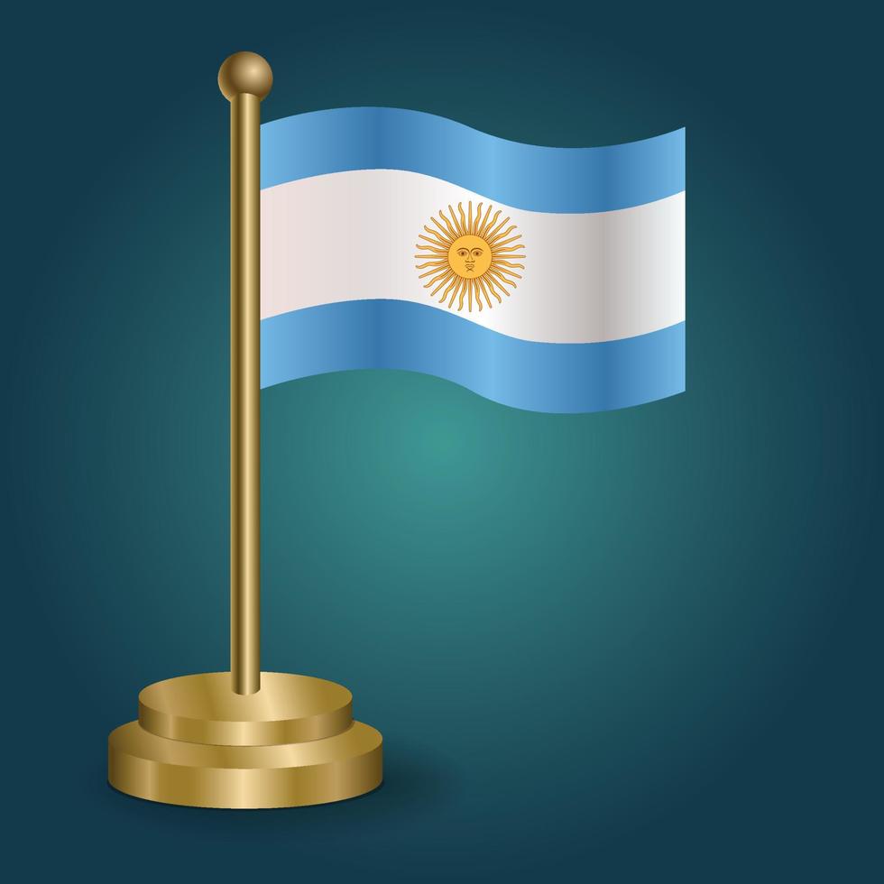 bandera nacional argentina en poste dorado sobre fondo oscuro aislado de gradación. bandera de mesa, ilustración vectorial vector