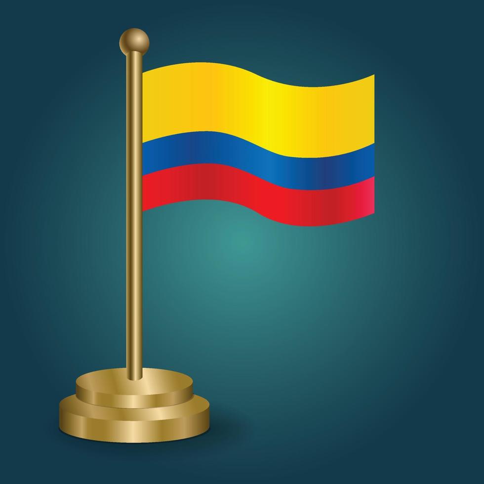 Colombia national flag on golden pole on gradation isolated dark background. table flag, vector illustration