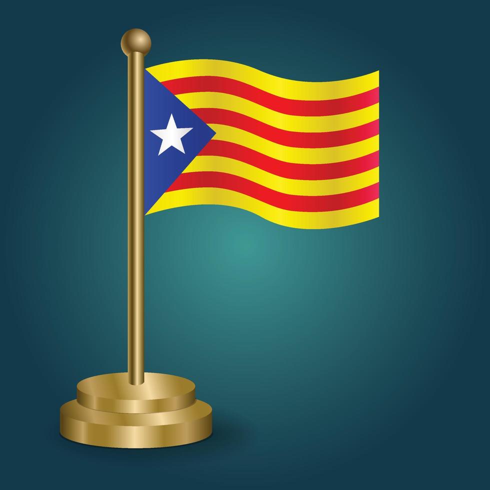 bandera nacional de cataluña en el polo dorado sobre fondo oscuro aislado de gradación. bandera de mesa, ilustración vectorial vector
