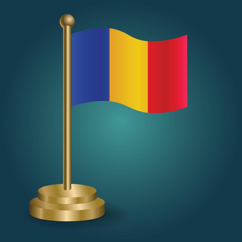 Chad national flag on golden pole on gradation isolated dark background. table flag, vector illustration